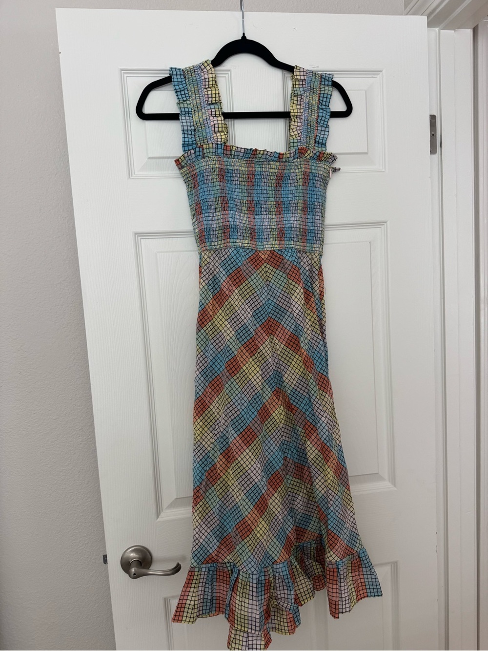 Ganni Multicolor Smocked Maxi Dress with Ruffle Hem